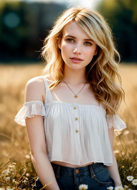 Emma Roberts, 16mm, remarkable color, ultra realistic, analog photo, Beautiful super model,  highly detailed face, seducing eyes, wearing overalls, cropped  off-shoulder tank top,  in a field of grass. Bright sunny day. bokeh, professional, 4k, highly deta...