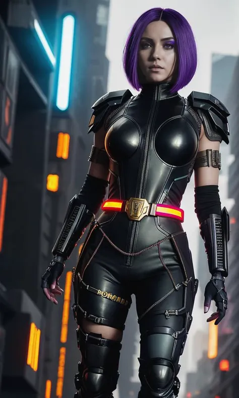 Raven from (Teen Titans) reimagined in a cyberpunk world, cyberpunk (city), low angle, bob haircut (parted to show forehead), glowing purple hair, (golden belt) with (red jewels), (cybernetic arms), cybernetic hands, cybernetic legs, ((cybernetic enhanceme...