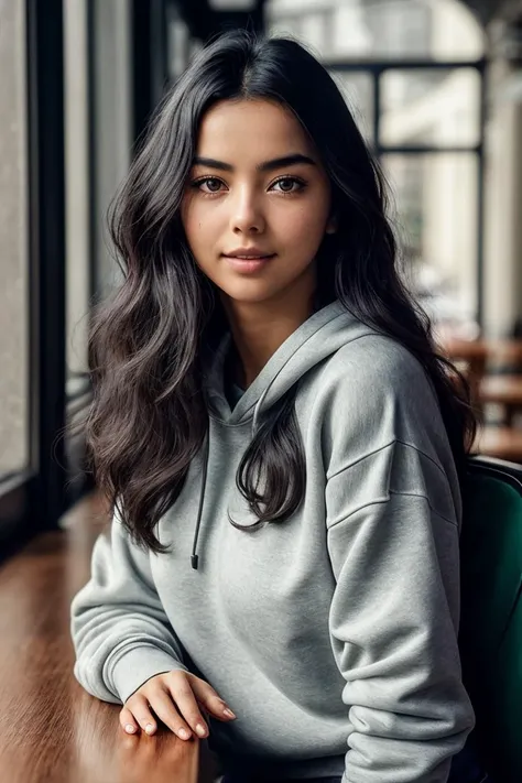 photo of beautiful (jessgou1n:0.99), a woman in a (cafe:1.1), perfect hair, wearing (sweatshirt:1.2), modelshoot style, (extremely detailed CG unity 8k wallpaper), professional majestic (photography by  helmut newton:1.1), (Contax G1/G2 Camera), 24mm, expo...