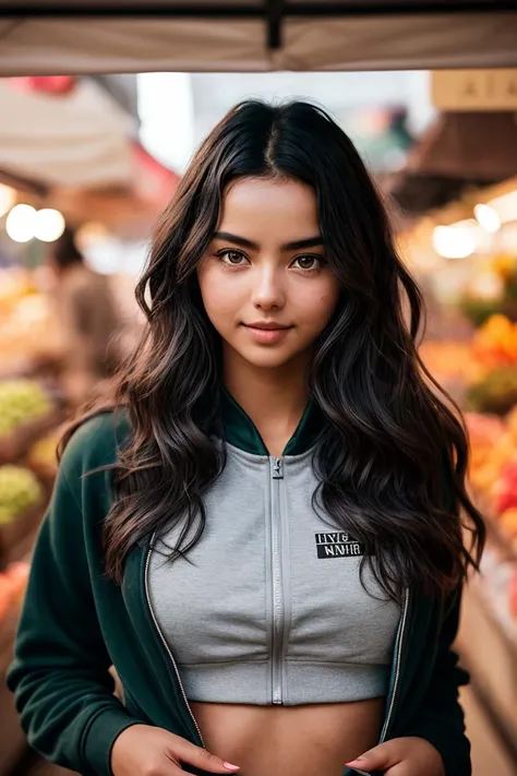 photo of beautiful (jessgou1n:0.99), a woman in a (market stall:1.1), perfect hair, wearing (tracksuit:1.2), modelshoot style, (extremely detailed CG unity 8k wallpaper), professional majestic (photography by  walker evans:1.1), (Kodak 35 Camera), 24mm, ex...