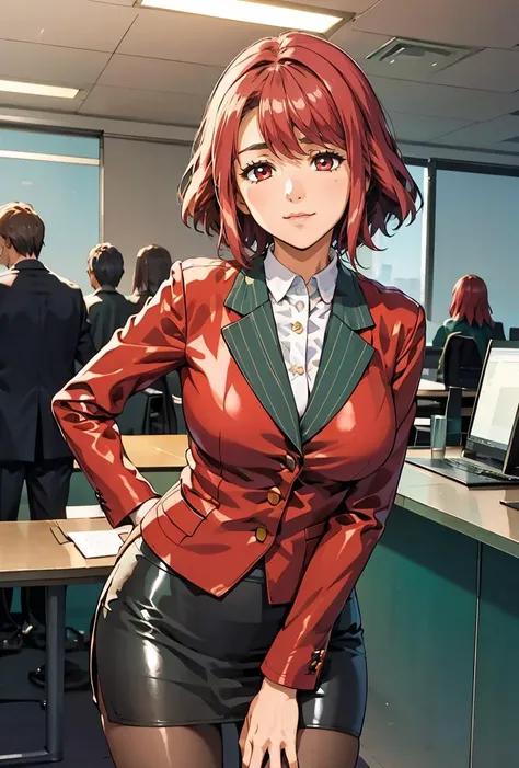 (masterpiece, best quality), 1girl,    <lora:SoukoSouma:0.8> SoukoSouma, 1girl, solo, short hair, red hair, red eyes, green jacket, white shirt, striped, formal, suit, pencil skirt, large breasts, pantyhose, office lady, skirt suit,