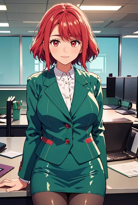 (masterpiece, best quality), 1girl,    <lora:SoukoSouma:0.8> SoukoSouma, 1girl, solo, short hair, red hair, red eyes, green jacket, white shirt, striped, formal, suit, pencil skirt, large breasts, pantyhose, office lady, skirt suit,