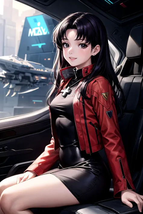 (masterpiece, best quality, detailed), 1girl, solo, looking at viewer,  misato, black eyes, parted bangs, long hair, earrings, cross necklace, red jacket, long sleeves, black dress,
sitting, from side, smile, parted lips, cockpit, spacecraft, science ficti...