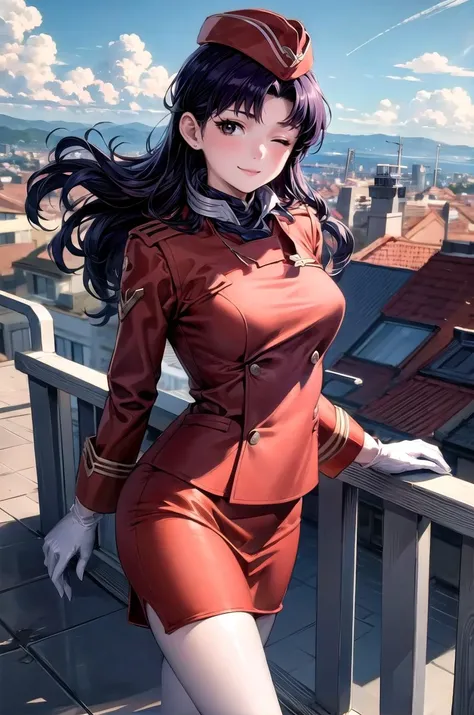 (masterpiece, best quality, detailed), 1girl, solo, looking at viewer,  misato, black eyes, parted bangs, long hair, earrings, cross necklace,
<lora:aeroflot_2LYCO:0.8> Stewardess, red unifrom, garrison cap, white gloves, pantyhose, outdoors, rooftop, day,...