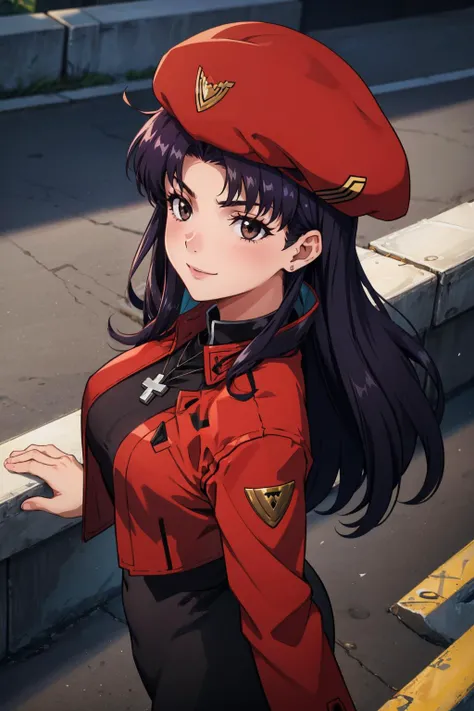 masterpiece, best quality, <lora:misato-nvwls-v1:0.9> misato, black eyes, parted bangs, long hair, earrings, cross necklace, beret, red jacket, long sleeves, black dress, large breasts, from above, smile, furrowed brow, cityscape