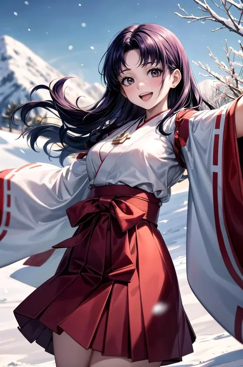 (masterpiece, best quality, detailed), 1girl, solo, looking at viewer,  misato, black eyes, parted bangs, long hair, earrings, cross necklace,
miko, japanese clothes, red hakama, wide sleeves, white kimono, ribbon trim, hakama short skirt, outdoors, winter...