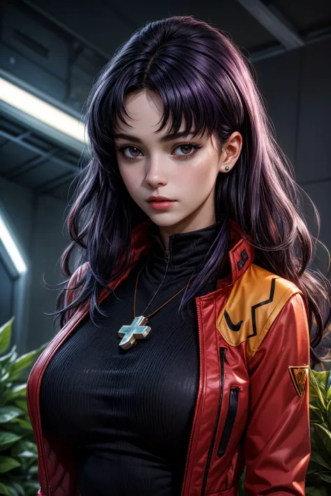 (ultra realistic,32k, masterpiece:1.2),(high detailed skin:1.1),( 8k uhd, dslr, high quality:1.1),
 <lora:misato-nvwls-v1:0.8>misato, black eyes, parted bangs,black-Purple hair,  long hair, earrings, cross necklace, red jacket, long sleeves, black dress, ,...