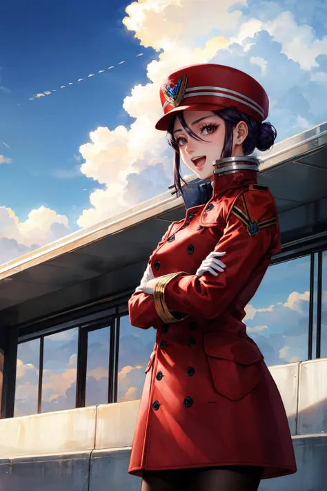 masterpiece, best quality, <lora:misato-nvwls-v1-000010:0.9> misato, black eyes, short hair, hair between eyes, hair bun, peaked cap, red coat, military uniform, white gloves, black pantyhose, :D, crossed arms, from side, looking at viewer, sky, clouds