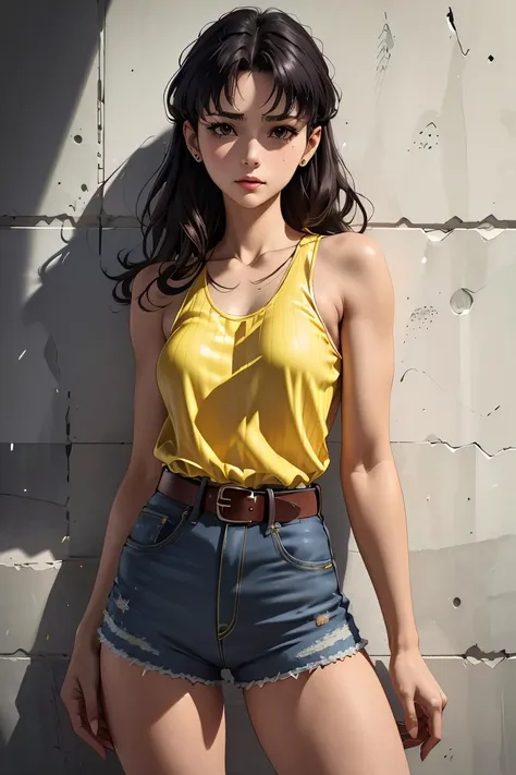 a close up of a woman in a yellow top and denim shorts