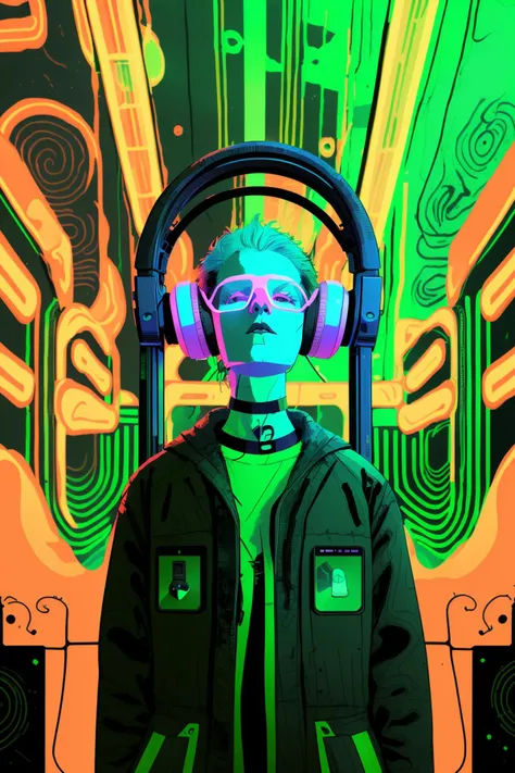 Virtual reality den, neon-hued cables connecting to headsets, users lost in a realm where data and dreams intertwine. , comicfusion