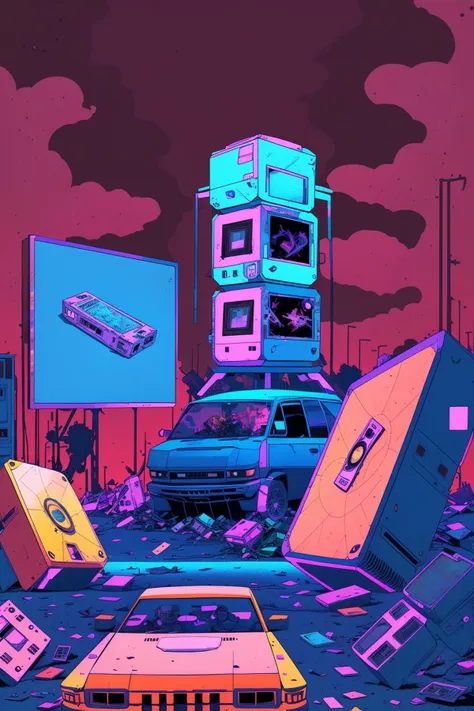 Tech junkyard, towering piles of discarded gadgets and holographic screens, scavengers searching for hidden treasures among the electronic debris. , comicfusion