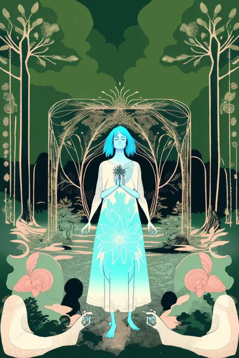 Virtual meditation garden, seekers adorned with neural interfaces, communing with digital representations of serene natural landscapes. , comicfusion