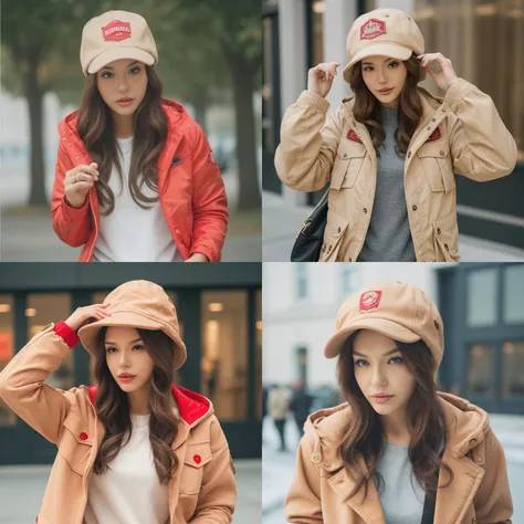 <lora:llthvhnsn:1>, red jacket, beige hat