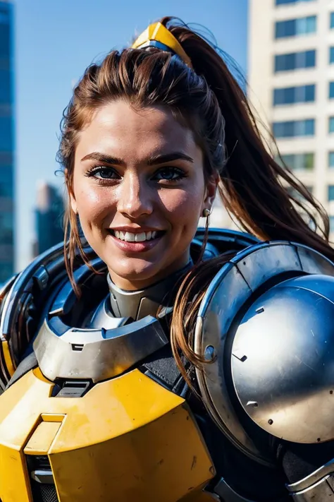 brig, brown hair, ponytail, armor, power armor, looking at viewer,smiling, close up, outside, cityscape, blue sky, high quality, masterpiece, <lora:brig:.7>