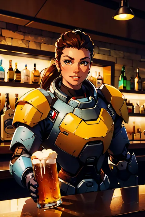 brig, brown hair, ponytail, brown eyes, power armor, looking at viewer, smiling, standing, upper body shot, inside bar, holding pint of beer, counter, neon lighting,  high quality, masterpiece, <lora:brig:.7>