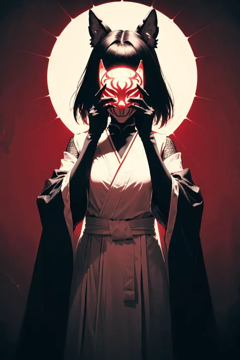 a woman in a white dress with a red mask and a demon mask