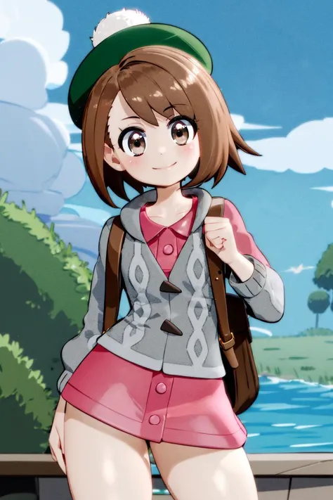 <lora:Mantis_Style:1>, ((masterpiece,best quality)), ,  <lora:gloria_(pokemon)_v1:0.7>,  gloria (pokemon), brown hair, solo, backpack, brown eyes, tam o shanter, grey cardigan, pink dress, short hair, green socks, socks, brown bag, bob cut, bangs, long sle...