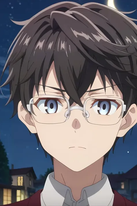 anime boy with glasses staring at the camera in front of a night sky