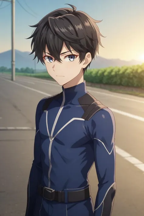 a man in a blue uniform standing on a road