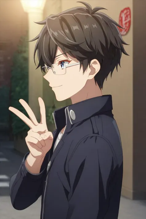 a man with glasses and a black jacket is making a peace sign