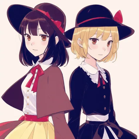 <lora:mayonoseart:1>, mayonoseart, 2girls, blonde hair, brown hair, capelet, comic, cover, cover page, doujin cover, dress, frilled dress, frilled skirt, frills, gap, hat, hat ribbon, highres, long sleeves, mob cap, multiple girls, neck ribbon, ribbon, shi...