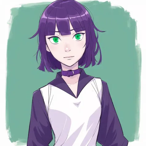 <lora:mayonoseart:1>, mayonoseart, 1girl, akashi senju, bag, bangs, blouse, blue background, closed mouth, green eyes, hair between eyes, hand up, highres, looking at viewer, purple hair, sailor collar, school uniform, serafuku, short hair, solo, upper bod...