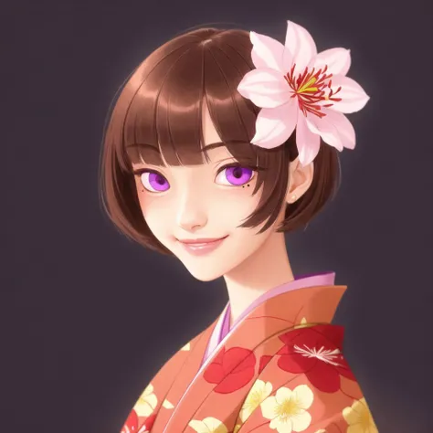 <lora:mayonoseart:1>,  mayonoseart, 


 1girl, bangs, brown hair, crossed legs, flower, grin, hair ornament, hair over one eye, highres, holding, japanese clothes, kimono, looking at viewer, mole, mole under eye, red flower, rita rossweisse (umbral rose), ...