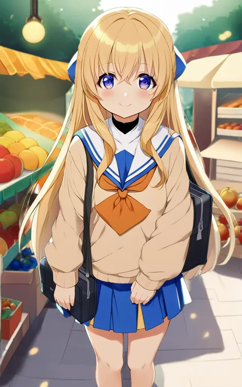 1girl,  <lora:sdxl-gs-priestess:0.6> sdxl-gs-priestess, serafuku , white  long sleeve, sweater , orange bowtie , ankle socks, lowfers, school bag, Fruit stand bokeh, depth of field, extremely quality extremely detailed, illustration, cute anime face