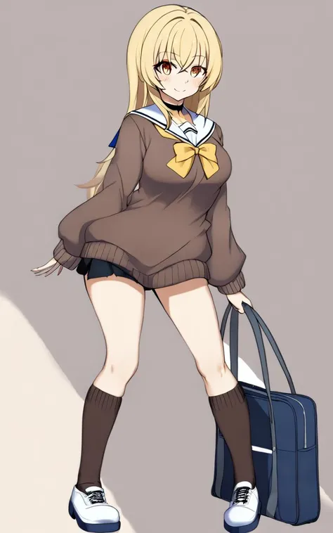 1girl,  <lora:sdxl-gs-priestess:0.6> sdxl-gs-priestess, serafuku , brown  long sleeve, sweater , blond bowtie , slouch socks, lowfers, school bag