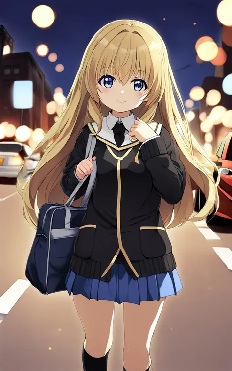 1girl,  <lora:sdxl-gs-priestess:0.6> sdxl-gs-priestess, school uniform , black  long sleeve, sweater , black necktie , socks, lowfers, school bag, car , Intersection bokeh, depth of field, extremely quality extremely detailed, illustration, cute anime face