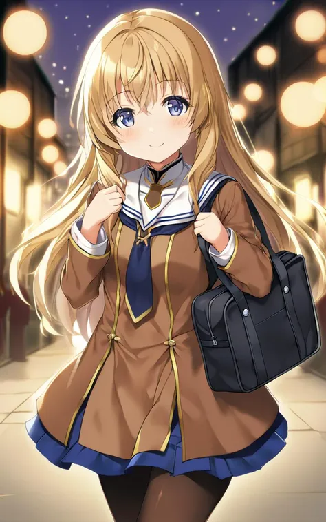 1girl,  <lora:sdxl-gs-priestess:0.6> sdxl-gs-priestess, serafuku , brown  vest , hazel necktie , pantyhose, lowfers, school bag, Kowloon Walled City bokeh, depth of field, extremely quality extremely detailed, illustration, cute anime face