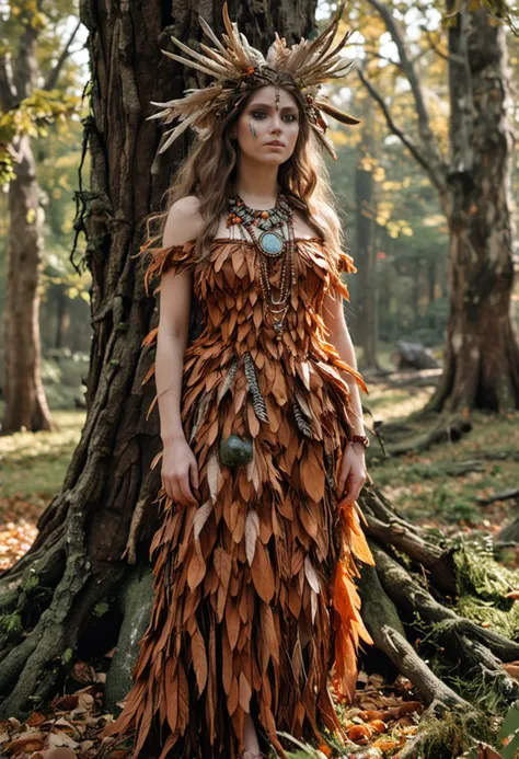 (medium full shot) of (elemental dryad) forest spirit, adorned in autumn orange bark dress , feathered forest flats, brown eyesh...