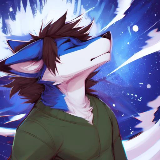 olo, three-quarter view, stunning environment, surreal, abstract background, light particles, adult, male, blue fox, blue body, white belly, white markings, [[brown hair]], messy hair, messy hair, eyes closed, watch, green sweater, shorts, walking on cloud...