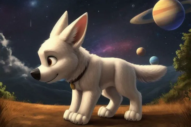 a close up of a dog standing on a dirt ground near planets