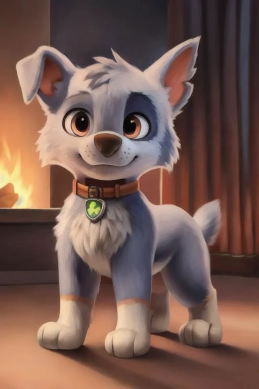 {rocky paw patrol, grey fur, left eye marking, floppy one ear, male, feral, ((solo)), standing, colar, by yosshi, anatomically correct, by crumbles, realistic fur, detailed, detailed background, best quality, masterpiece, detailed eyes, detailed pupil,}