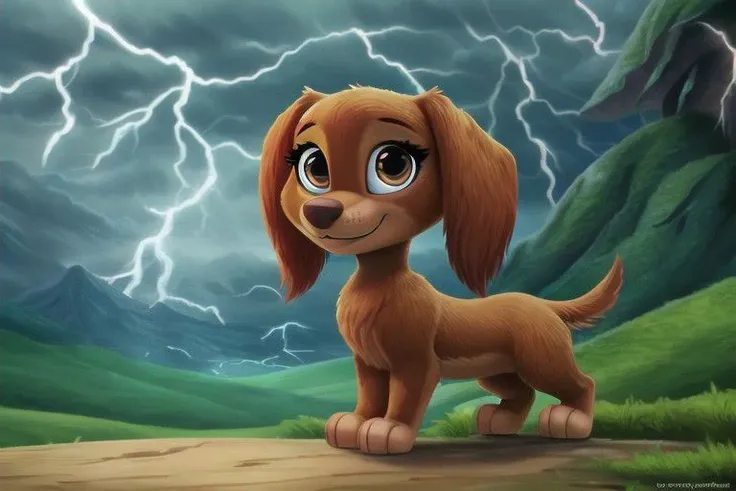 a close up of a cartoon dog standing on a dirt road