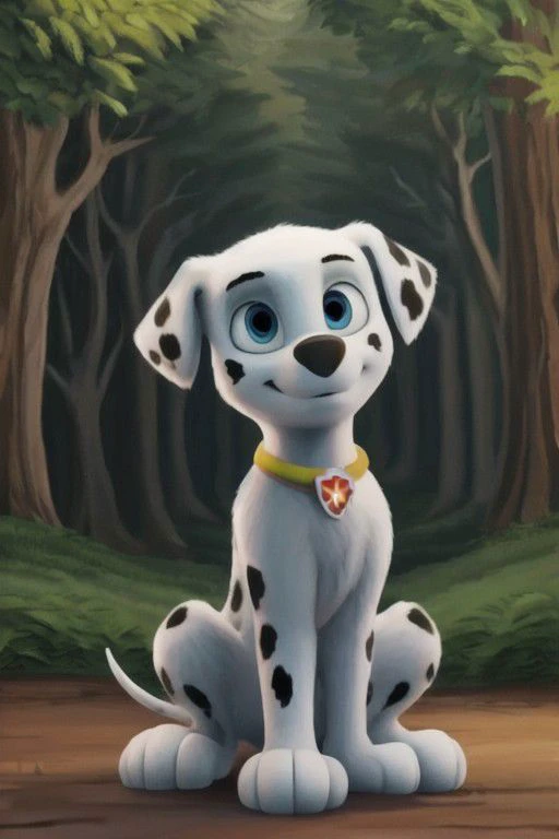 a close up of a dalmatian dog sitting in the woods