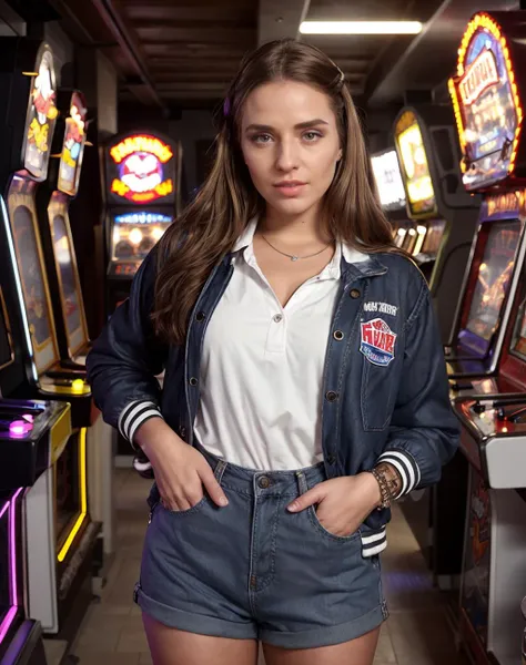 (realistic, photorealistic), cinematic photo  realistic, <lora:quiron_SofiGoldfinger_v1_lora:0.87> SofiGoldfingerQuiron woman wearing  varsity jacket, acid-washed overalls, high-top sneakers, snap bracelet,  game room, A space dedicated to arcade games, pi...