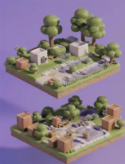 a couple of low polygonal trees and buildings in a park