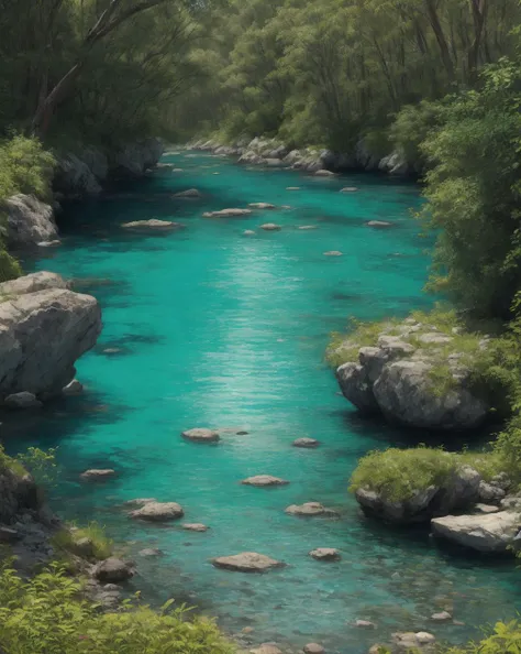 painting of a river with rocks and trees in the background