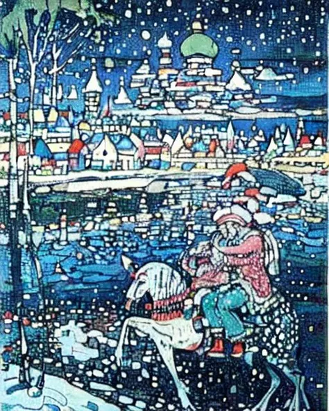 <lora:kandinsky_v1:0.7>, 2girls, sitting, male focus, outdoors, multiple boys, sky, tears, 2boys, water, tree, pokemon (creature), hug, night, traditional media, parody, building, night sky, christmas, scenery, red headwear, snow, santa hat, snowing, stair...