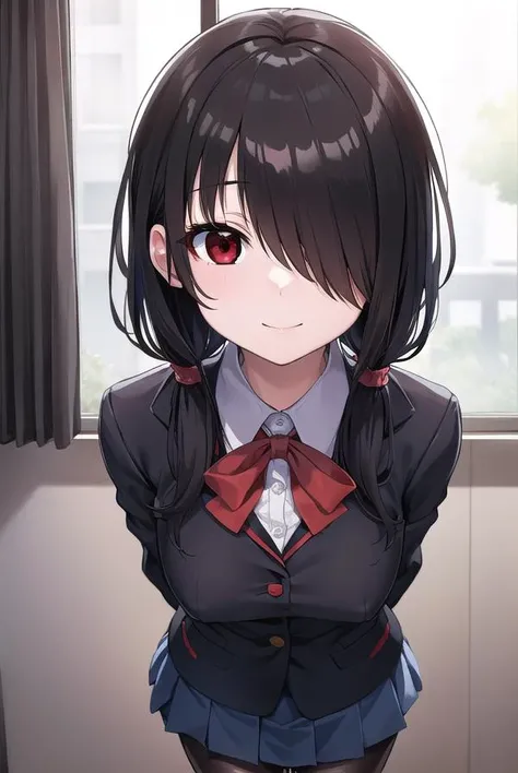 kurumitokisaki, <lyco:kurumitokisaki-lyco-nochekaiser:1>, 
tokisaki kurumi, clock eyes, black hair, low twintails, (hair over one eye:1.5), (red eyes:1.5), (small breast:1.3), smile,
BREAK school uniform, jacket, pantyhose, pleated skirt, black pantyhose,
...