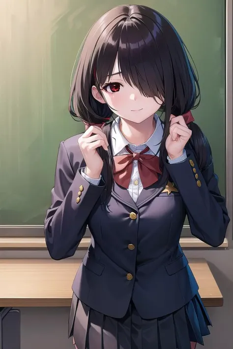 anime girl in uniform standing in front of a blackboard