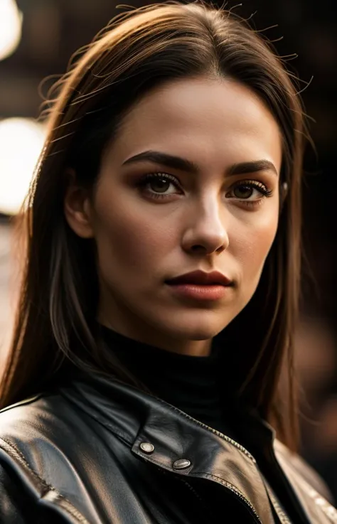 a close up of a woman wearing a black leather jacket