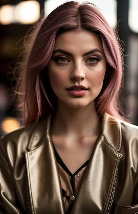 a woman with pink hair and a gold jacket