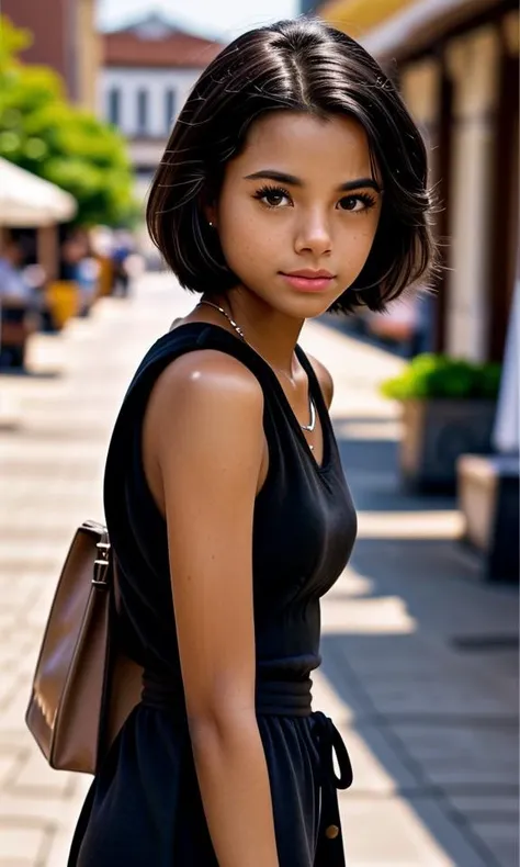 arafed asian woman in black dress standing on sidewalk with purse