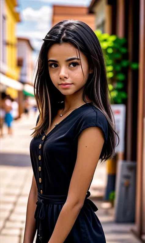 arafed asian woman in a black dress standing on a sidewalk