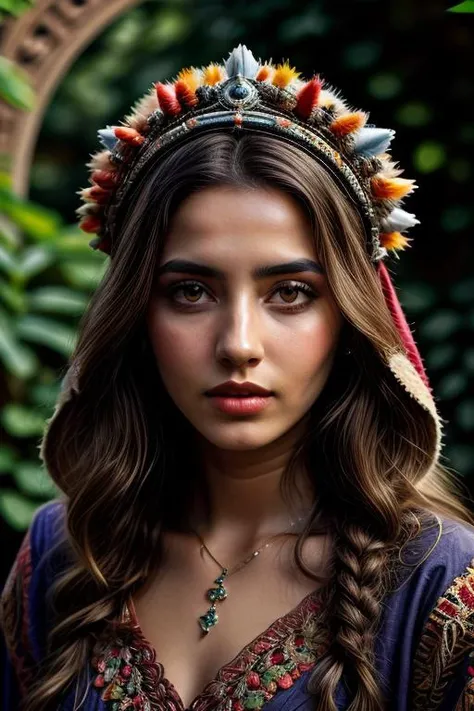 (medieval 20 years-old Moroccan beautiful female wearing traditional jewelry and colorful tawenza headdress), with extremely detailed skin and round eyes with extremely detailed pupils and irises, at majorelle blue garden, moorish arch, marrocan fretwork, ...