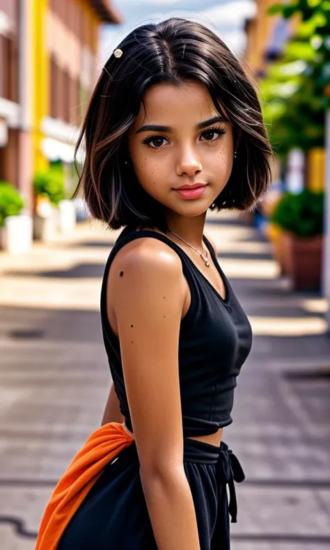 a close up of a young woman with a black top and orange bag