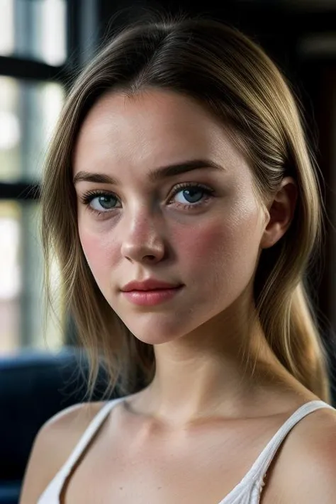 a close up of a woman with a white tank top on